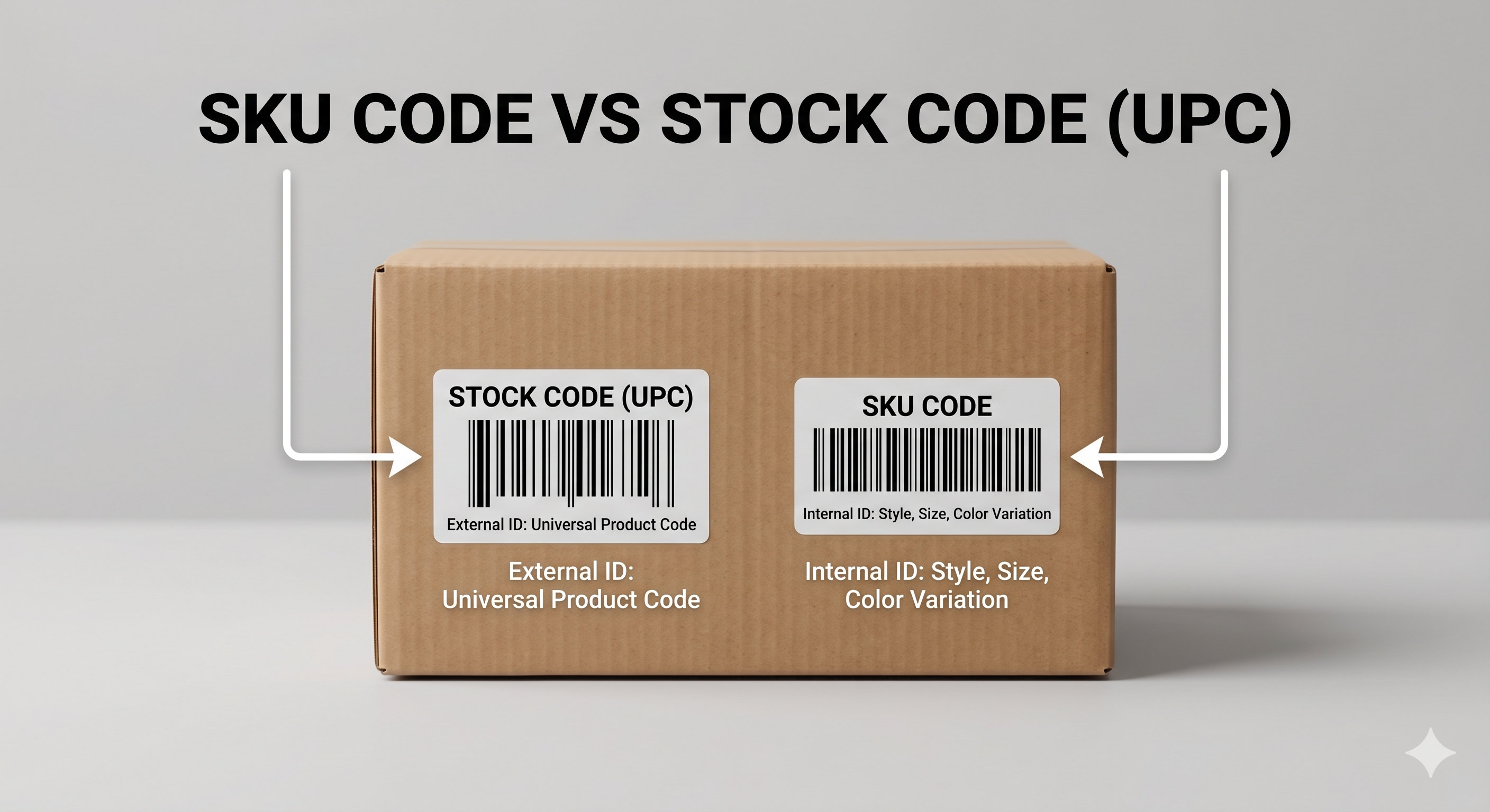 A box with two labels to demonstrate the difference between SKU Code vs Stock Code 